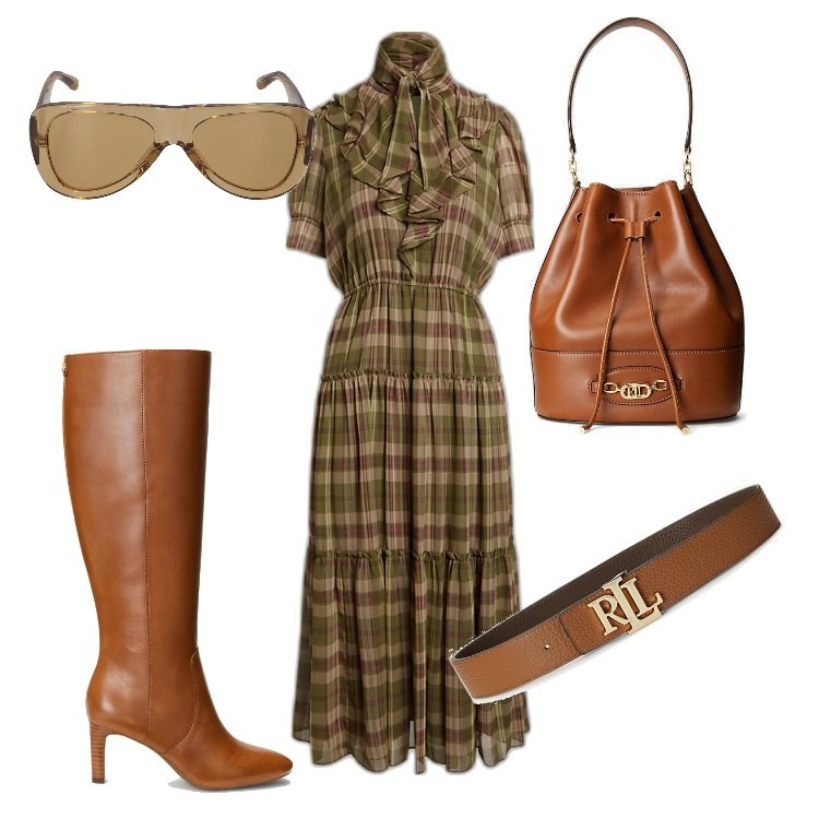 Outfit donna - Dolci colori d\'autunno. Stile Urban per Ufficio. Abbinamento con cinture, vestiti, stivali sopra il ginocchio, borse a secchiello, occhiali da sole.