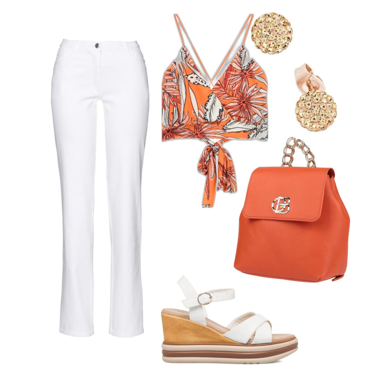 Outfit donna - Il top fantasia. Stile Basic per Tutti i giorni. Abbinamento con pantaloni, zaini, top, sandali in pelle, orecchini.