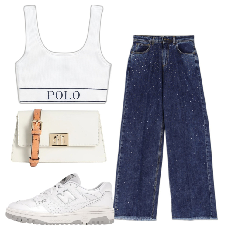 Outfit donna - Sporty. Stile Casual per Tutti i giorni. Abbinamento con sneakers, borse a spalla, jeans, canottiere.