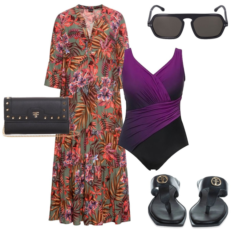 Outfit donna - Aperitivo in piscina. Stile Chic per Mare. Abbinamento con vestiti lunghi, portafogli, infradito, costumi interi, occhiali da sole.