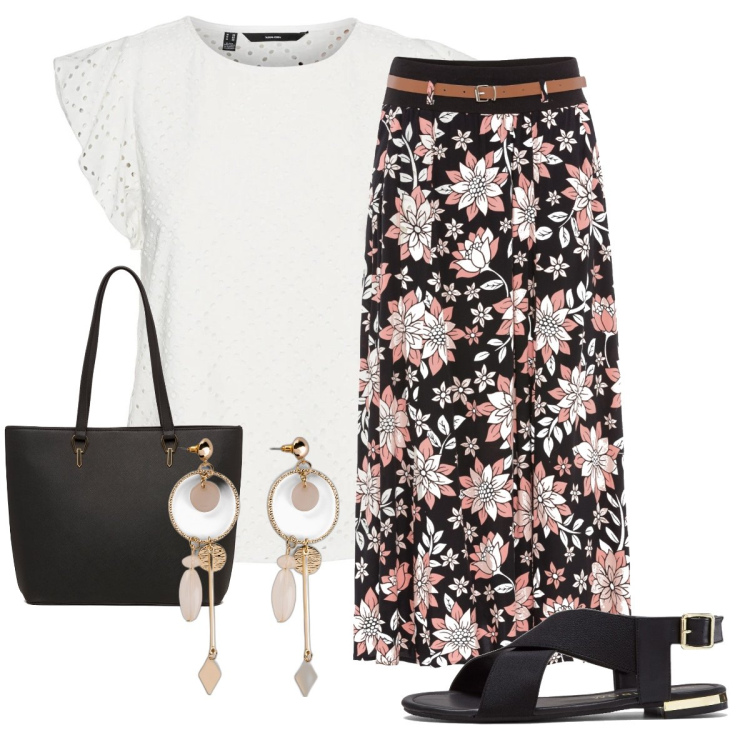 Outfit donna - Cosy and chic. Stile Trendy per Tutti i giorni. Abbinamento con sandali, orecchini, gonne lunghe, top, borse a spalla.