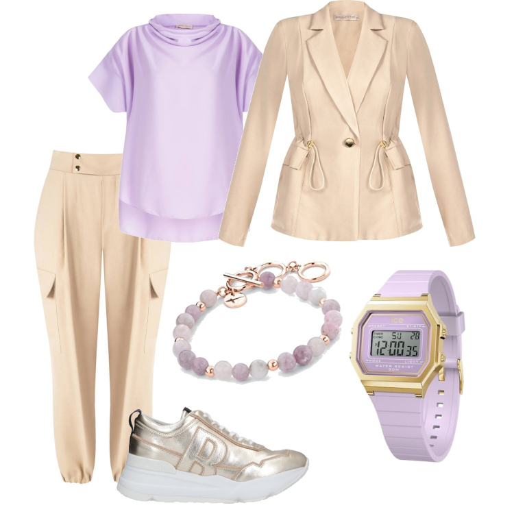 Outfit donna - Passeggiata in centro. Stile Sporty chic per Tutti i giorni. look ideale per Tall. Abbinamento con bluse, giacche, pantaloni cargo, sneakers, braccialetti, orologi digitali.