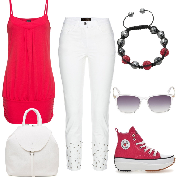 Outfit donna - Total look #1690355. Stile Sporty chic per Tutti i giorni. Abbinamento con top, jeans, zaini, scarpe sportive, occhiali da sole, braccialetti.