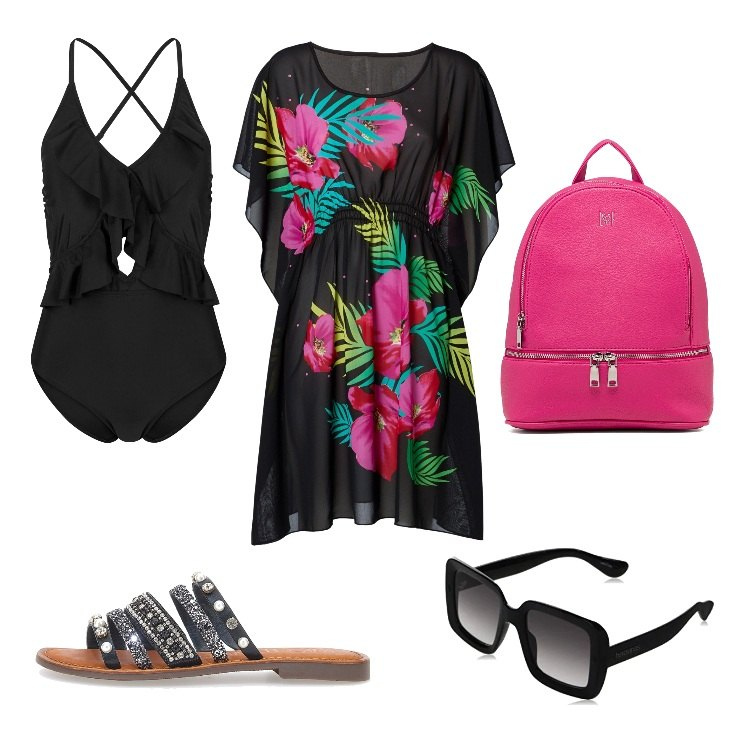 Outfit donna - Al mare con stile. Stile Casual per Mare. Abbinamento con costumi interi, vestiti da spiaggia, zaini, ciabatte, occhiali da sole.