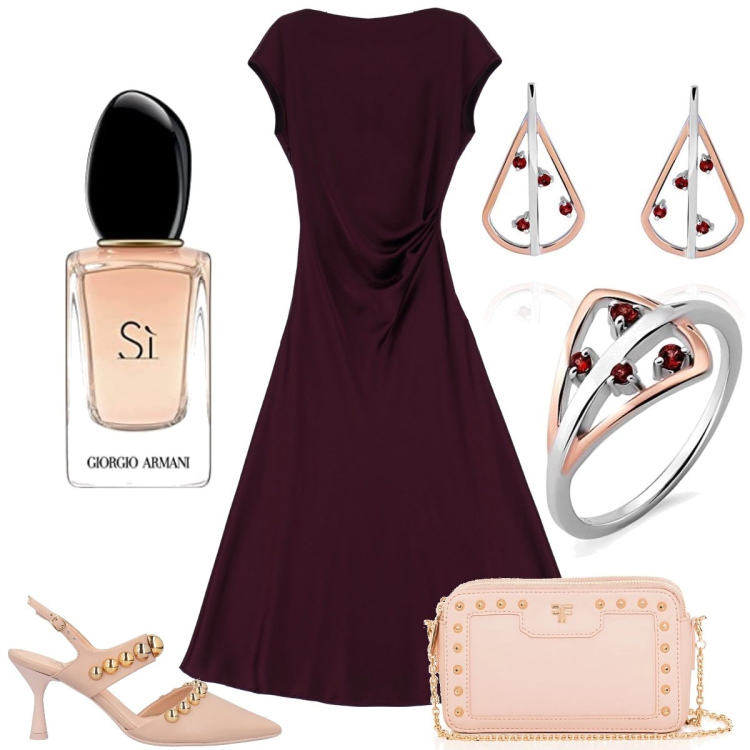Outfit donna - Pranzo elegante. Stile Bon Ton per Tutti i giorni. Abbinamento con décolleté, vestiti midi/longuette, borse a spalla, anelli, profumi, orecchini.