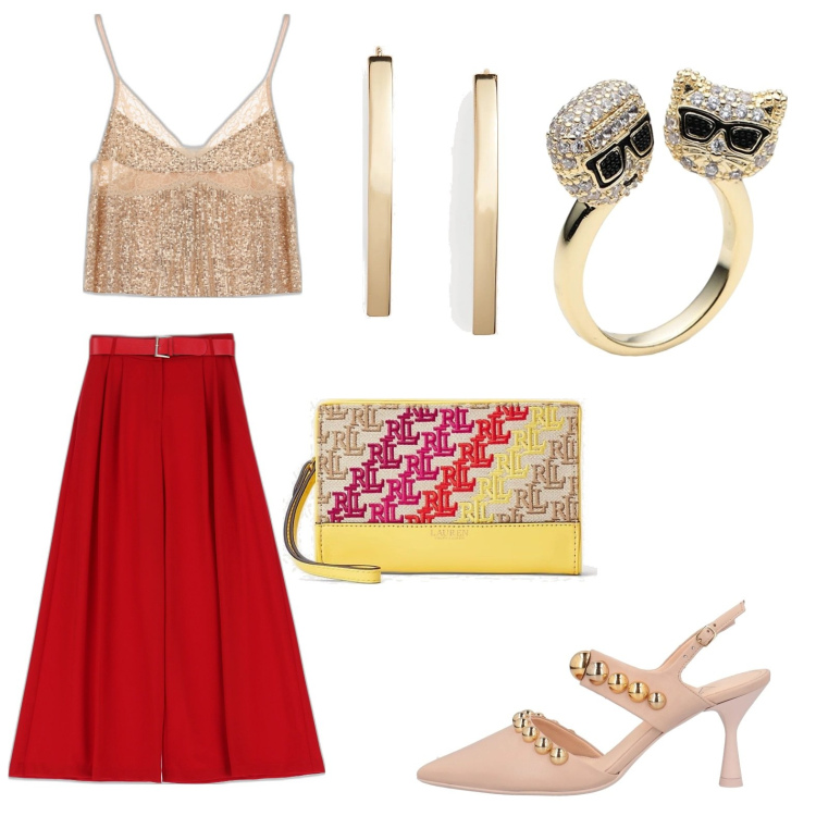 Outfit donna - Gold look. Stile Chic per Serata fuori. Abbinamento con anelli, décolleté, pantaloni a palazzo, orecchini, pochette, canottiere.