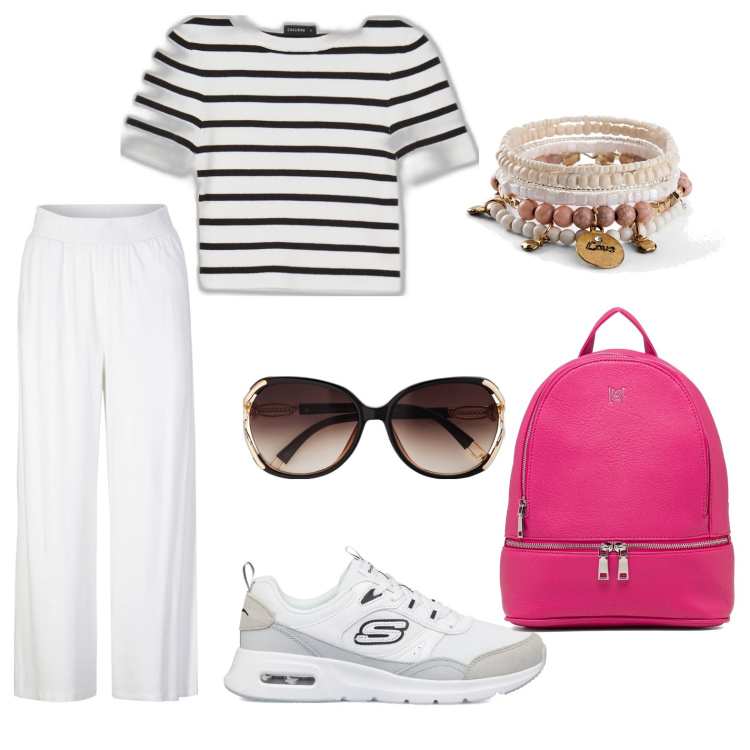 Outfit donna - Casuale style. Stile Casual per Tutti i giorni. Abbinamento con pantaloni, occhiali da sole, braccialetti, t-shirt, sneakers, zaini.