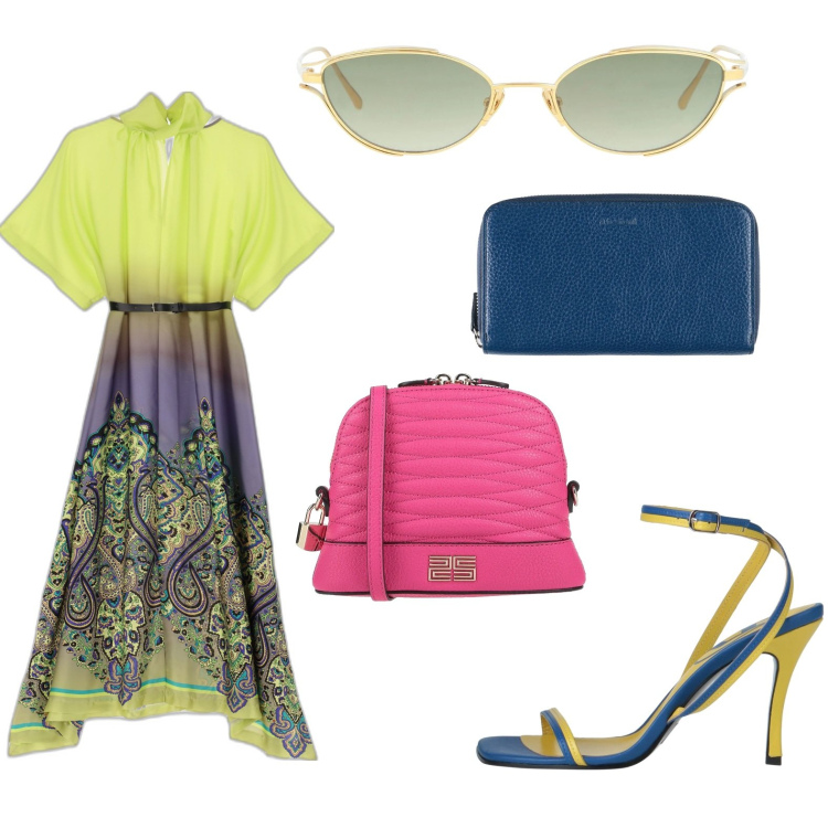 Outfit donna - Vestito midi a fantasia. Stile Trendy per Serata fuori. Abbinamento con occhiali da sole, borse a tracolla, sandali in pelle, portafogli, vestiti midi/longuette.