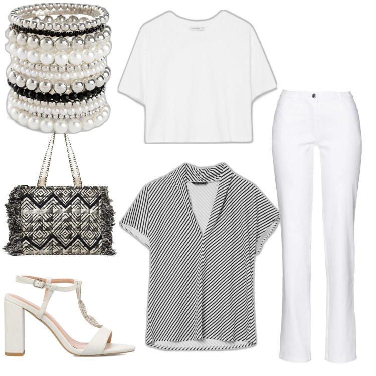 Outfit donna - Total look #1690537. Stile Glamour per Cerimonia. Abbinamento con pantaloni, braccialetti, t-shirt, shopping bag, t-shirt, sandali in pelle.
