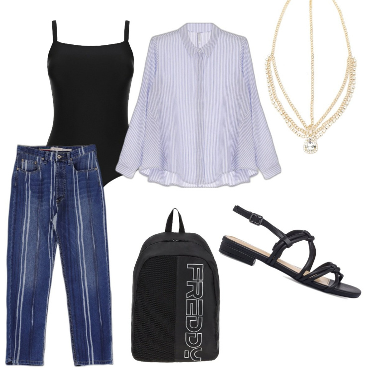 Outfit donna - Total look #1690543. Stile Casual per Serata fuori. Abbinamento con jeans dritti, camicie, zaini, body, sandali, ciondoli.