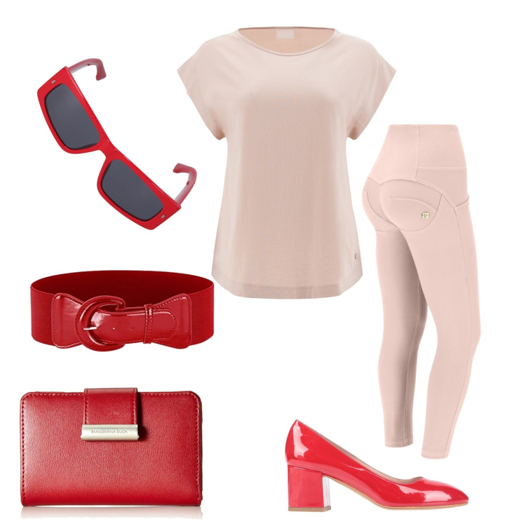 Outfit donna - Rosso rosa d\'estate. Stile Casual chic per Tutti i giorni. Abbinamento con décolleté, pantaloni skinny, t-shirt, cinture, portafogli, occhiali da sole.