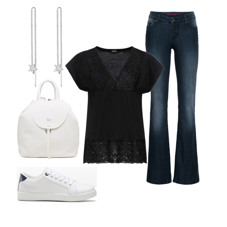 Outfit donna - Comoda e dinamica. Stile Casual Abbinamento con maglieria, jeans bootcut, sneakers, zaini, orecchini.