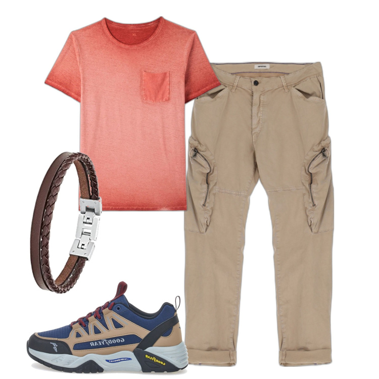 Outfit uomo - T-shirt delavè sui cargo. Stile Casual per Tutti i giorni. Abbinamento con t-shirt, pantaloni, sneakers, braccialetti.