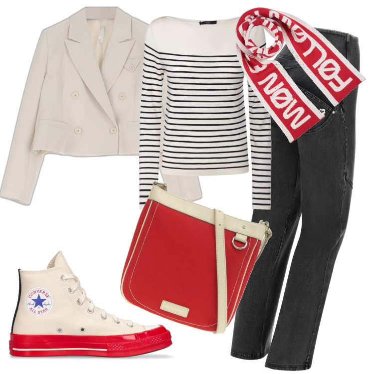 Outfit donna - Al lavoro. Stile Casual per Ufficio. Abbinamento con borse a spalla, sciarpe, blazer, jeans, maglieria, sneakers.