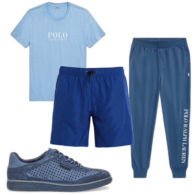 Outfit uomo - Total look #1690728. Stile Trendy per Mare. Abbinamento con costumi, t-shirt, pantaloni, sneakers.