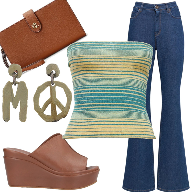 Outfit donna - Peace & love. Stile 70s per Tutti i giorni. Abbinamento con sandali in pelle, pochette, jeans, top, orecchini.