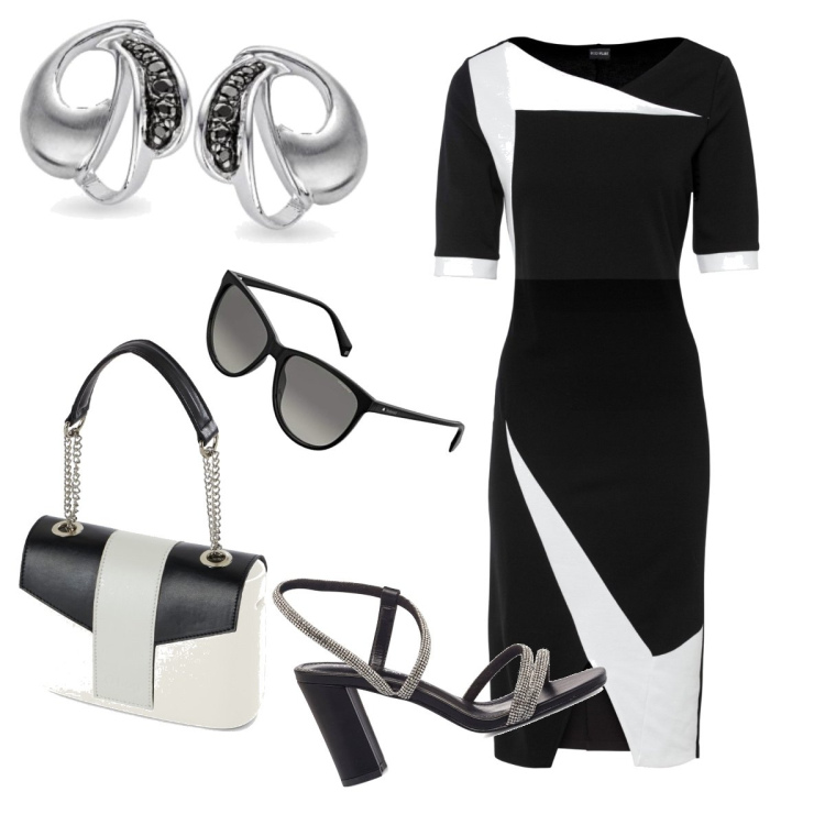 Outfit donna - Bianco e nero per le nozze d’argento. Stile Chic per Cerimonia. Abbinamento con vestiti a tubino, sandali in pelle, orecchini, occhiali da sole, borse a spalla.