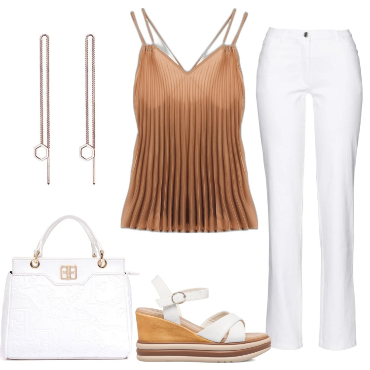 Outfit donna - Il top plissettato. Stile Casual chic per Serata fuori. Abbinamento con pantaloni, borse tote, top, sandali in pelle, orecchini.