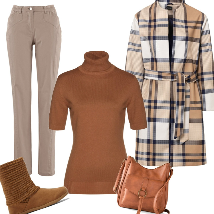 Outfit donna - Il cappotto a quadri. Stile Casual chic per Ufficio. Abbinamento con maglieria, borse a tracolla, cappotti, pantaloni, stivali.