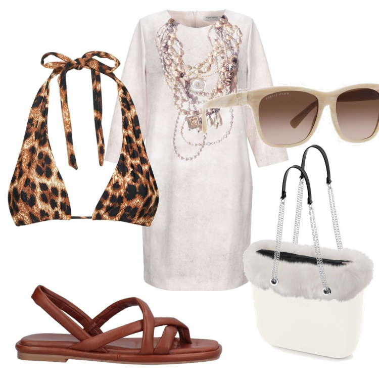 Outfit donna - Total look #1690849. Stile Etnico per Mare. Abbinamento con ciabatte, vestiti corti, occhiali da sole, bikini, borse a spalla.