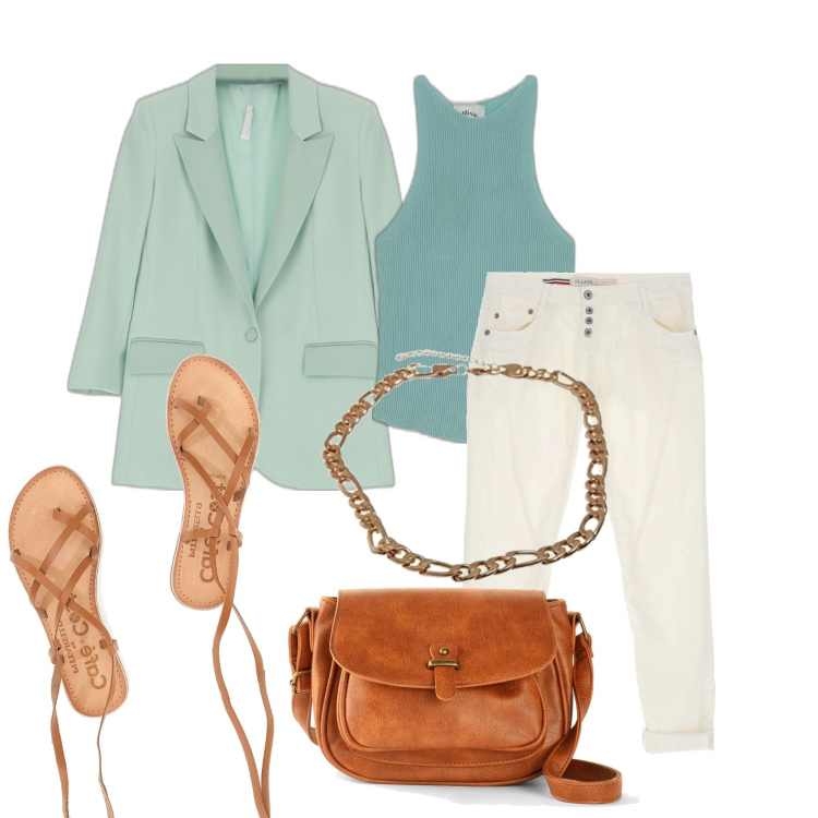 Outfit donna - Ghost outfitter - agosto. Stile Casual chic per Tutti i giorni. Abbinamento con borse a tracolla, jeans, giacche, canottiere, sandali alla schiava, collane.