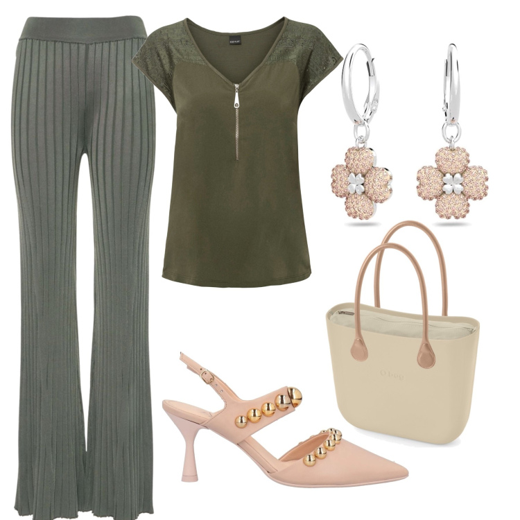 Outfit donna - Curvy comoda e raffinata in ufficio. Stile Casual chic per Ufficio. Abbinamento con t-shirt, décolleté, pantaloni, orecchini, borse a spalla.