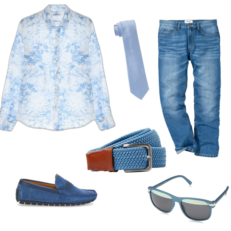 Outfit uomo - In azzurro. Stile Casual per Ufficio. Abbinamento con jeans dritti, camicie, cravatte, occhiali da sole, cinture, scarpe stringate.