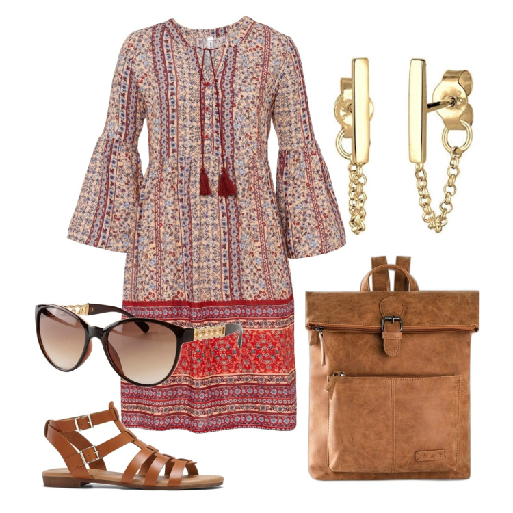 Outfit donna - Ghost outfitter - agosto. Stile Boho per Tutti i giorni. Abbinamento con zaini, vestiti, sandali, occhiali da sole, orecchini.