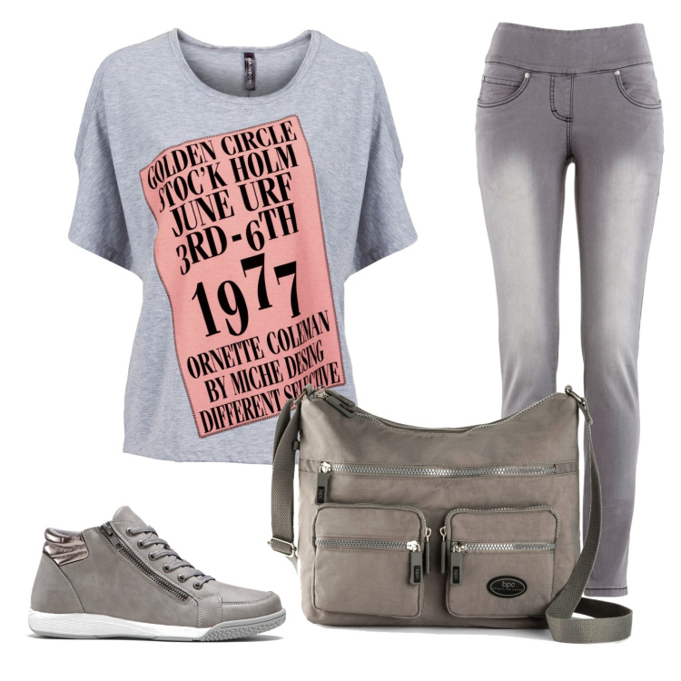 Outfit donna - Passeggiata al parco. Stile Sporty chic per Sport. Abbinamento con jeans slim fit, sneakers alte, maglieria, borse a tracolla.