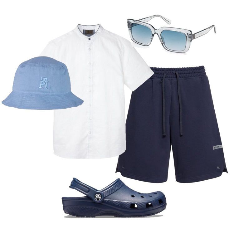 Outfit uomo - Bermuda e camiciotto. Stile Casual per Tutti i giorni. Abbinamento con camicie a manica corta, sandali, shorts, cappelli, occhiali da sole.