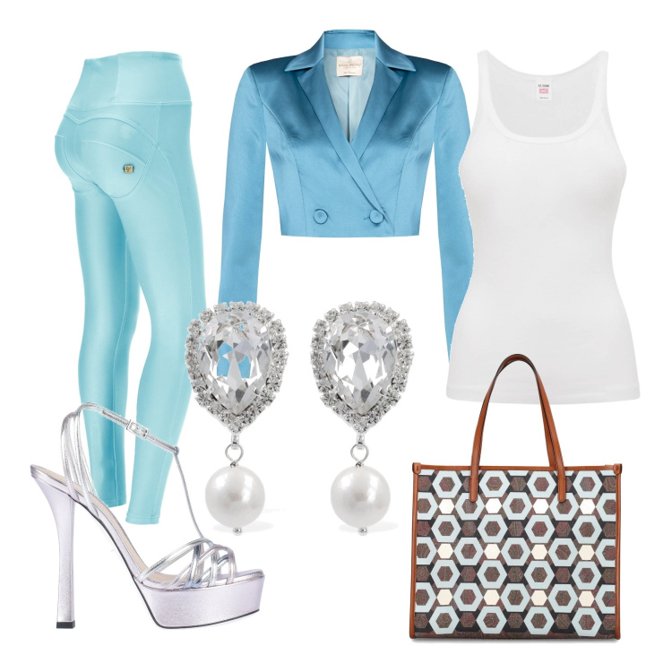 Outfit donna - Serata in azzurro. Stile Casual chic per Serata fuori. Abbinamento con sandali in pelle, cappotti, pantaloni skinny, shopping bag, canottiere, orecchini.