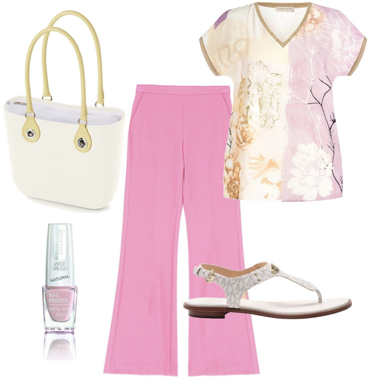 Outfit donna - Infradito eleganti. Stile Casual chic per Tutti i giorni. Abbinamento con infradito, bluse, pantaloni, borse a spalla, primer.