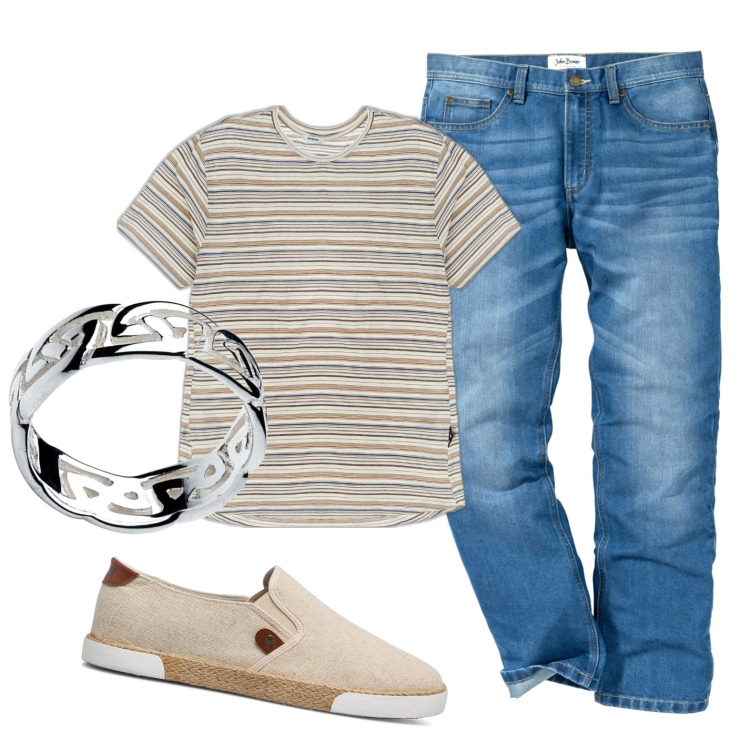 Outfit uomo - La t-shirt a righe. Stile Casual per Tutti i giorni. Abbinamento con jeans dritti, t-shirt, sneakers.