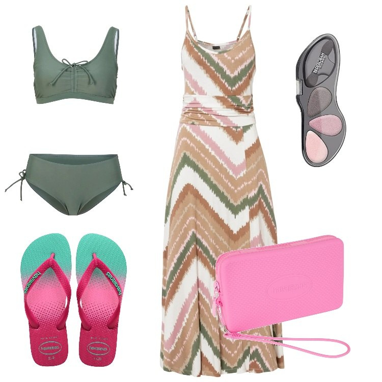 Outfit donna - Total look #1691313. Stile Boho per Mare. Abbinamento con bikini, vestiti, pochette, ombretti, infradito.