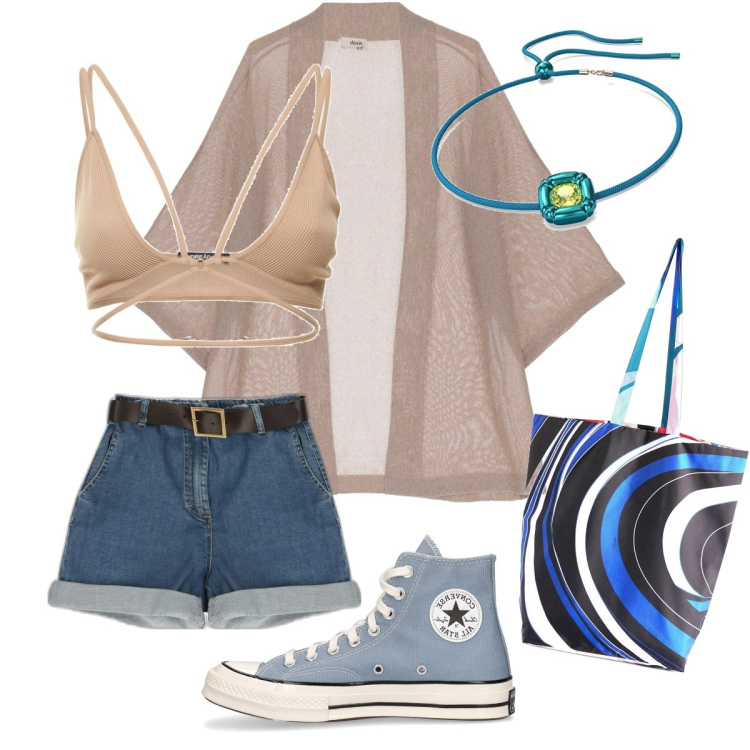 Outfit donna - Emma. Stile Casual chic per Tutti i giorni. Abbinamento con bermuda, cardigans, sneakers, reggiseni, collane, shopping bag.