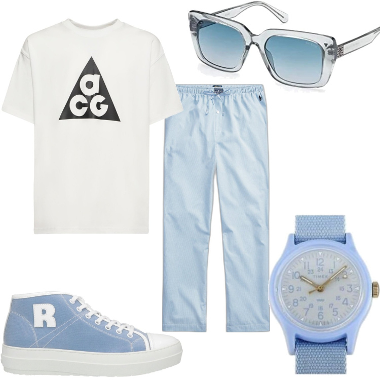 Outfit uomo - Sportivo celeste polvere. Stile Casual per Tutti i giorni. Abbinamento con sneakers, pantaloni, orologi, occhiali da sole, t-shirt.