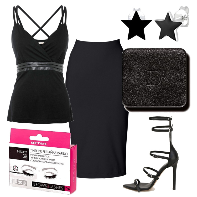 Outfit donna - Nero intenso. Stile Glamour per Serata fuori. Abbinamento con gonne longuette, top, sandali in pelle, mascara, orecchini, ombretti.