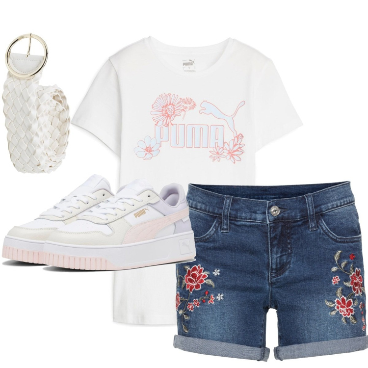 Outfit donna - t-shirt mon amour. Stile Casual per Tutti i giorni. Abbinamento con shorts, sneakers, cinture, t-shirt.