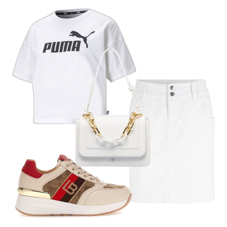 Outfit donna - Total look #1691484. Stile Sporty chic per Tutti i giorni. Abbinamento con minigonne, t-shirt, borse a mano, sneakers.