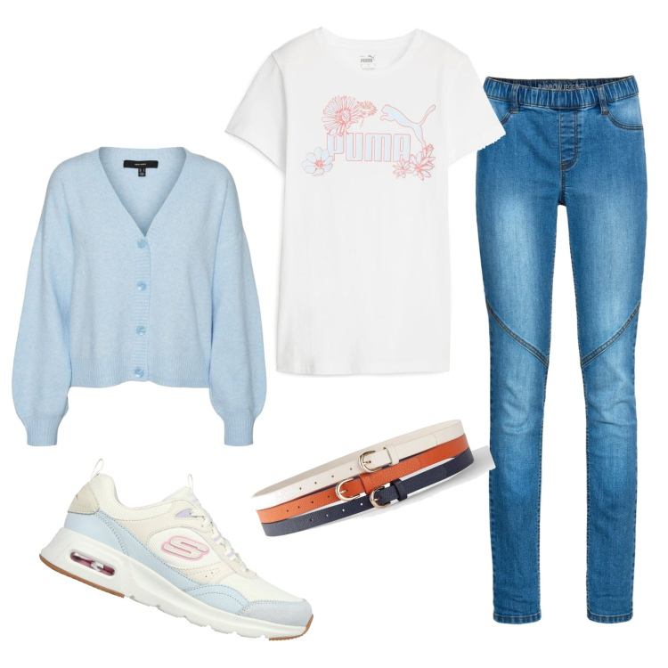Outfit donna - Casual. Stile Casual per Tutti i giorni. Abbinamento con cinture, jeggings, cardigans, sneakers, t-shirt.