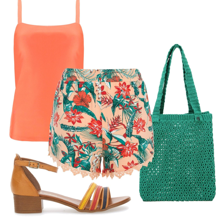 Outfit donna - Colazione sul lido. Stile Sporty chic per Mare. Abbinamento con shorts, canottiere, shopping bag, sandali in pelle.