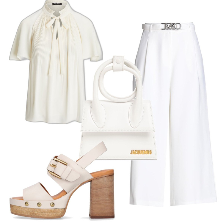 Outfit donna - Total look #1691612. Stile Chic per Tutti i giorni. Abbinamento con pantaloni, camicie, sandali in pelle, borse a mano.