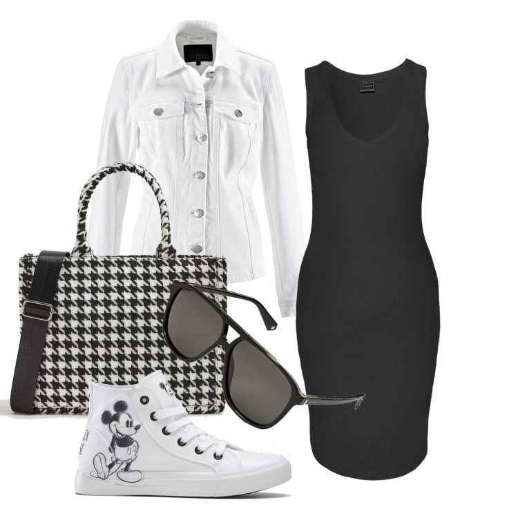 Outfit donna - Ghost outfitter - agosto. Stile Casual chic per Tutti i giorni. Abbinamento con vestiti, sneakers alte, blazer, shopping bag, occhiali da sole.