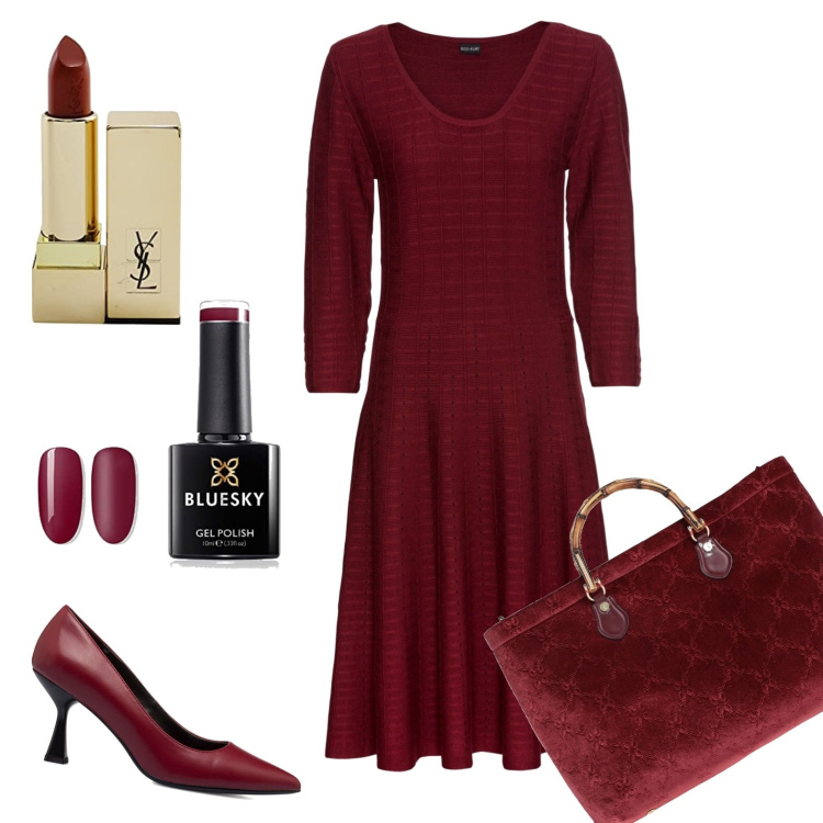Outfit donna - Bordeaux. Stile Chic per Serata fuori. Abbinamento con borse a mano, vestiti, décolleté, rossetti, smalti.