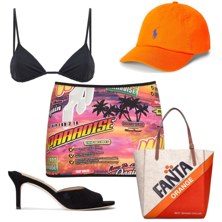 Outfit donna - Total look #1691657. Stile Trendy per Mare. Abbinamento con cappelli, sandali, shopping bag, minigonne, bikini.