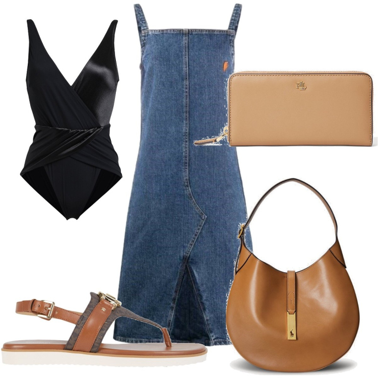 Outfit donna - Total look #1691665. Stile Minimal per Mare. Abbinamento con costumi interi, vestiti corti, infradito, portafogli, borse a spalla.