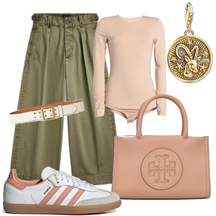 Outfit donna - Total look #1691697. Stile Casual per Ufficio. look ideale per Tall. Abbinamento con t-shirt, pantaloni, cinture, sneakers, shopping bag, ciondoli.