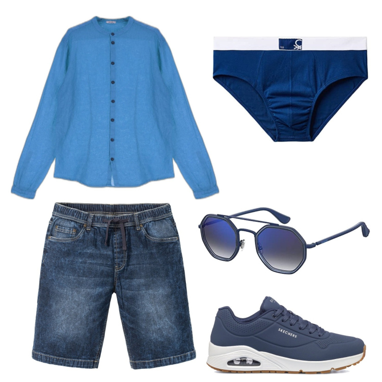 Outfit uomo - Camicia azzurra. Stile Casual per Tutti i giorni. Abbinamento con bermuda, camicie, sneakers, occhiali da sole, slip.