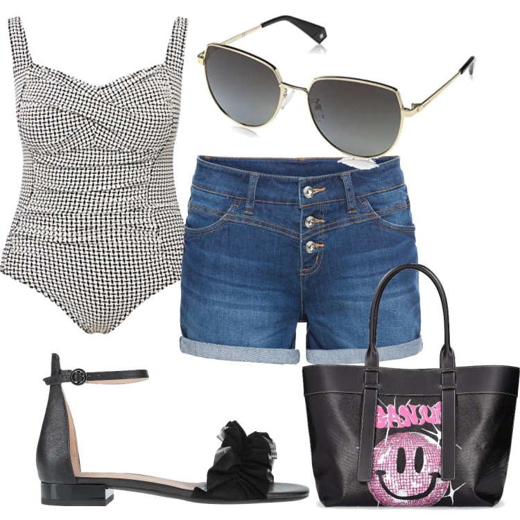 Outfit donna - Total look #1691725. Stile Trendy per Mare. Abbinamento con shorts, sandali in pelle, costumi interi, occhiali da sole, shopping bag.