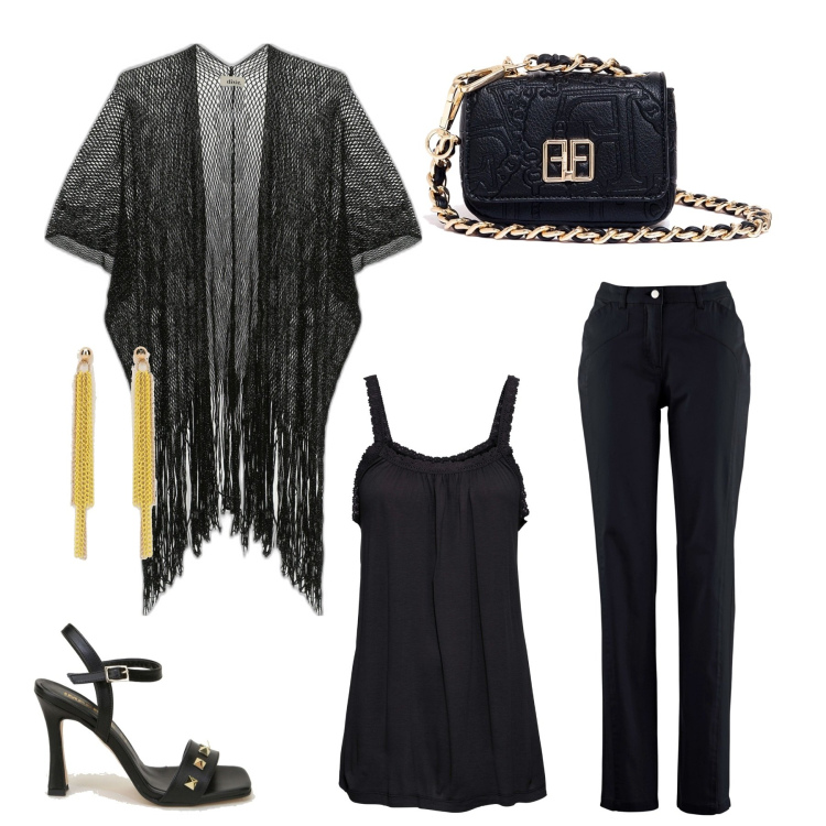 Outfit donna - Total look #1691866. Stile Casual chic per Tutti i giorni. Abbinamento con top, pantaloni sportivi, sandali in pelle, cardigans, orecchini, marsupi.